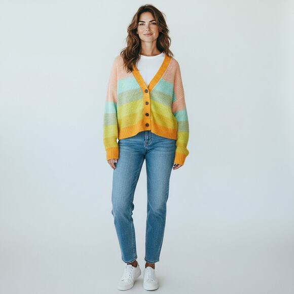 Urban Outfitters Turner Ribbed Cardigan XS Rainbow Knit Slouchy Button Front - Picture 2 of 6